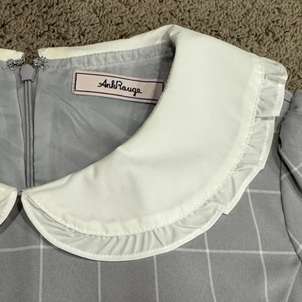 Ank Rouge Japan brand schoolgirl Gray Plaid Long Sleeve Dress White Collar - Picture 4 of 9